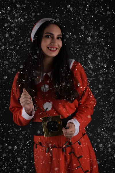 Jolie Jeune Femme Souriante Costume Père Noël Souriant Jolie Jeune — Photo