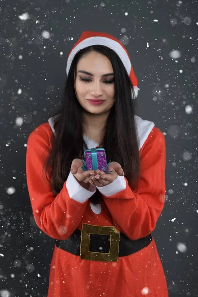 Feliz Joven Encantadora Con Traje Santa Claus —  Fotos de Stock