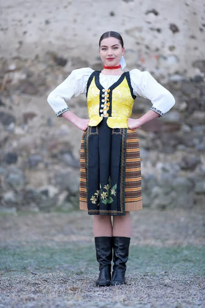 Young Beautiful Slovak Woman Traditional Costume — Stock Photo, Image