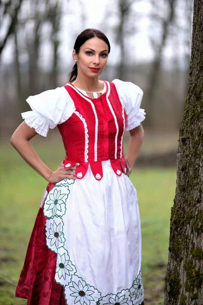 Jeune Belle Femme Slovaque Costume Traditionnel — Photo