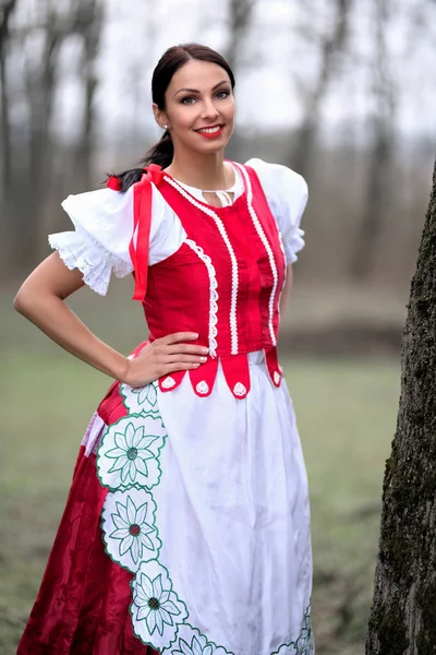 Jovem Bela Mulher Eslovaca Traje Tradicional — Fotografia de Stock