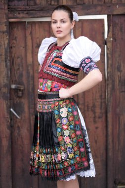 Geleneksel kostümlü, güzel, Slovak folklor kadını.