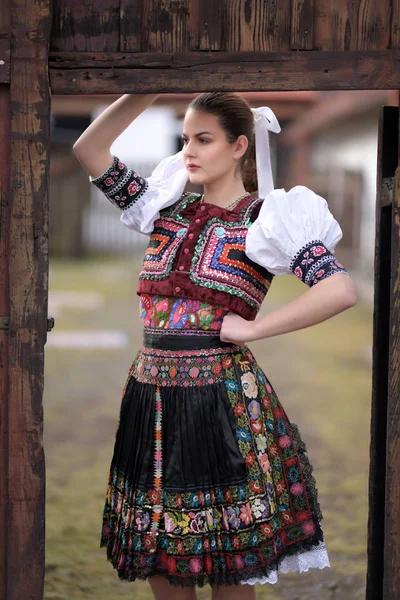 Fiatal Gyönyörű Szlovák Folklór Hagyományos Jelmezben — Stock Fotó