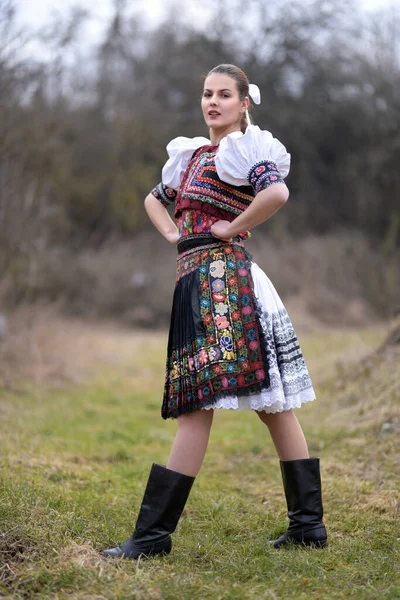 Young Beautiful Slovak Woman Traditional Costume — Stock Photo, Image