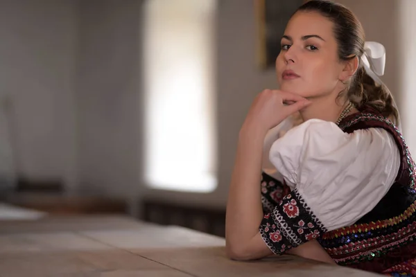 Young Beautiful Slovak Woman Traditional Costume — Stock Photo, Image