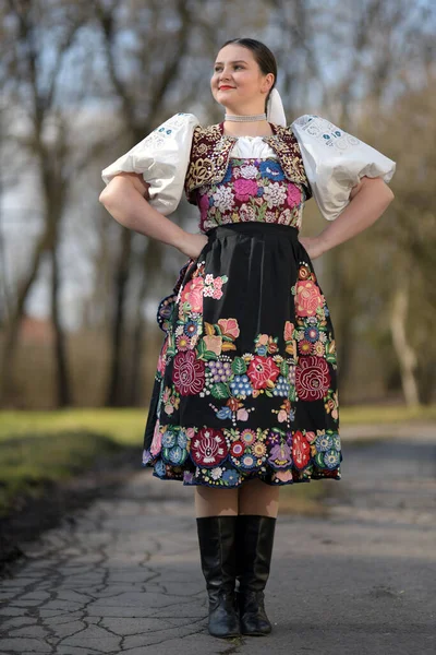 Portrait Beautiful Young Woman Traditional Slovakian Clothes — Stock Photo, Image