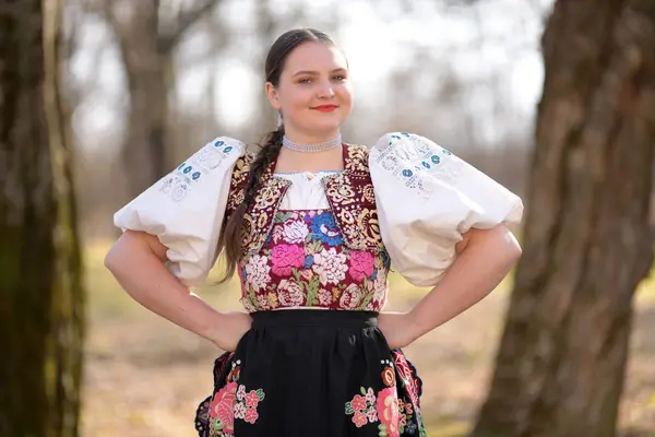Portrait Beautiful Young Woman Traditional Slovakian Clothes — Stock Photo, Image