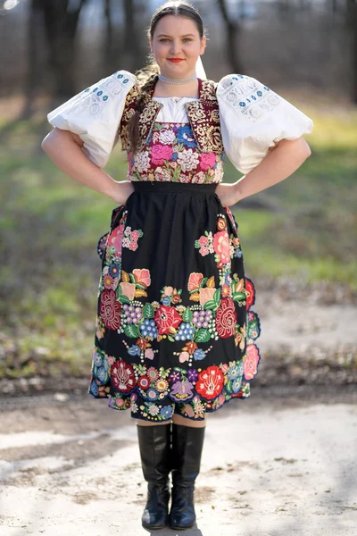 Portrait Beautiful Girl National Costume Slovak Folklore — Stock Photo, Image
