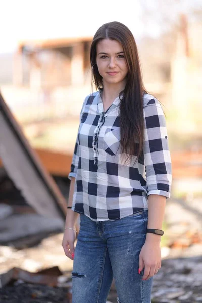 Attractive Woman Long Black Hair Outdoor — Stock Photo, Image