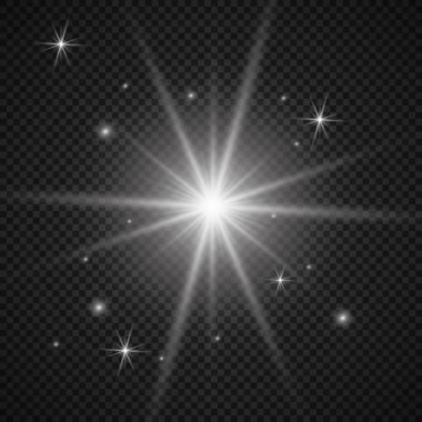 Şeffaf beyaz parlayan ışık patlaması. Işın parıltılarıyla serin efekt dekorasyonu için vektör illüstrasyonu. Parlak yıldız. Şeffaf parlak parlak parıltı, parlak alevler. Parlak desen.