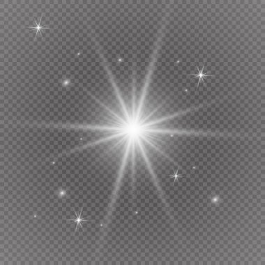 Şeffaf beyaz parlayan ışık patlaması. Işın parıltılarıyla serin efekt dekorasyonu için vektör illüstrasyonu. Parlak yıldız. Şeffaf parlak parlak parıltı, parlak alevler. Parlak desen.