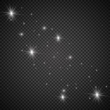 Şeffaf beyaz parlayan ışık patlaması. Işın parıltılarıyla serin efekt dekorasyonu için vektör illüstrasyonu. Parlak yıldız. Şeffaf parlak parlak parıltı, parlak alevler. Parlak desen.