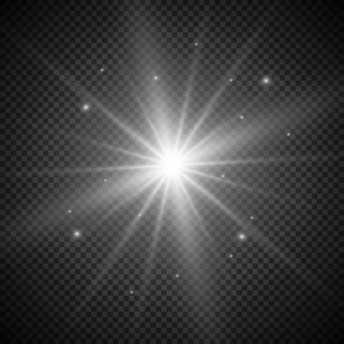 Şeffaf beyaz parlayan ışık patlaması. Işın parıltılarıyla serin efekt dekorasyonu için vektör illüstrasyonu. Parlak yıldız. Şeffaf parlak parlak parıltı, parlak alevler. Parlak desen.