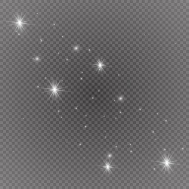 Şeffaf beyaz parlayan ışık patlaması. Işın parıltılarıyla serin efekt dekorasyonu için vektör illüstrasyonu. Parlak yıldız. Şeffaf parlak parlak parıltı, parlak alevler. Parlak desen.