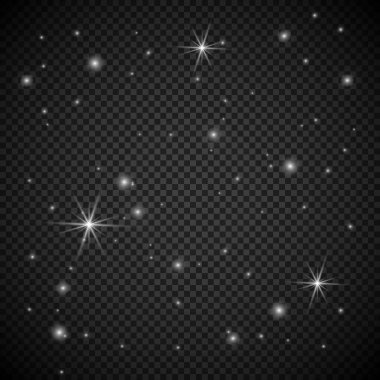 Şeffaf beyaz parlayan ışık patlaması. Işın parıltılarıyla serin efekt dekorasyonu için vektör illüstrasyonu. Parlak yıldız. Şeffaf parlak parlak parıltı, parlak alevler. Parlak desen.