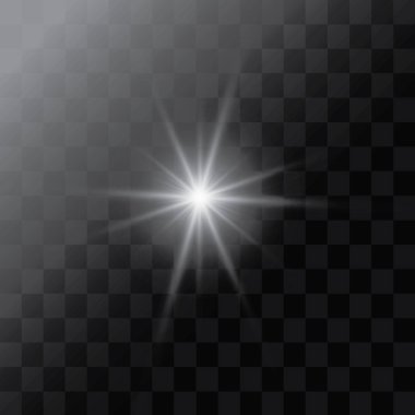 Şeffaf beyaz parlayan ışık patlaması. Işın parıltılarıyla serin efekt dekorasyonu için vektör illüstrasyonu. Parlak yıldız. Şeffaf parlak parlak parıltı, parlak alevler. Parlak desen.