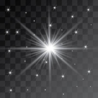 Şeffaf beyaz parlayan ışık patlaması. Işın parıltılarıyla serin efekt dekorasyonu için vektör illüstrasyonu. Parlak yıldız. Şeffaf parlak parlak parıltı, parlak alevler. Parlak desen.