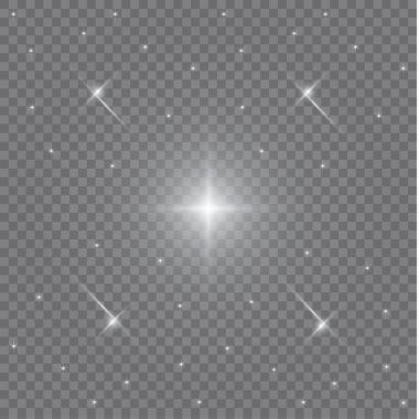 Şeffaf beyaz parlayan ışık patlaması. Işın parıltılarıyla serin efekt dekorasyonu için vektör illüstrasyonu. Parlak yıldız. Şeffaf parlak parlak parıltı, parlak alevler. Parlak desen.