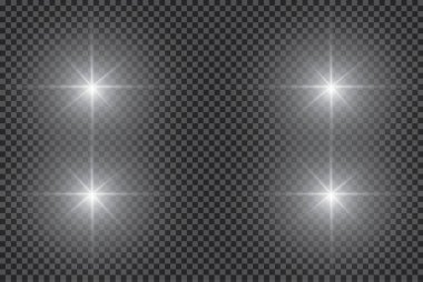 Şeffaf beyaz parlayan ışık patlaması. Işın parıltılarıyla serin efekt dekorasyonu için vektör illüstrasyonu. Parlak yıldız. Şeffaf parlak parlak parıltı, parlak alevler. Parlak desen.