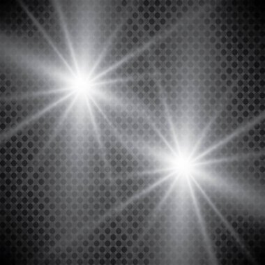Şeffaf beyaz parlayan ışık patlaması. Işın parıltılarıyla serin efekt dekorasyonu için vektör illüstrasyonu. Parlak yıldız. Şeffaf parlak parlak parıltı, parlak alevler. Parlak desen.