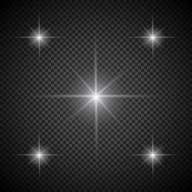Şeffaf beyaz parlayan ışık patlaması. Işın parıltılarıyla serin efekt dekorasyonu için vektör illüstrasyonu. Parlak yıldız. Şeffaf parlak parlak parıltı, parlak alevler. Parlak desen.