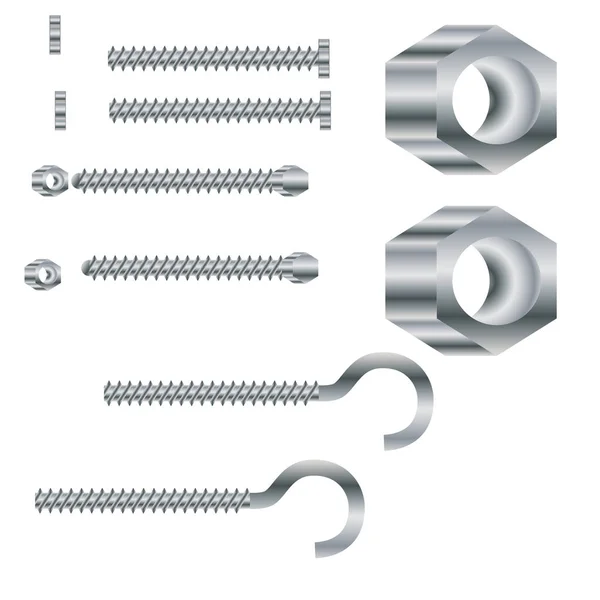 Parafusos e parafusos metálicos isolados, parafusos e parafusos metálicos isolados — Vetor de Stock