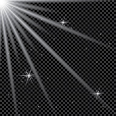 Şeffaflık, izole siyah arka plan vektör ile parlayan ışık efektleri kümesi. Parlama, ışınları, yıldız.