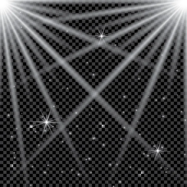 Set of glowing light effects with transparency, isolated on black background vector. Glare, rays, stars. — Stock Vector