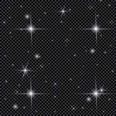 Şeffaf beyaz parlayan ışık patlaması. Işın parıltılarıyla serin efekt dekorasyonu için vektör illüstrasyonu. Parlak yıldız. Şeffaf parlak parlak parıltı, parlak alevler. Parlak desen.
