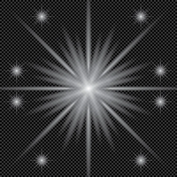 Explosão de luz brilhante branca com transparente. Ilustração vetorial para decoração de efeito legal com brilhos de raios. Estrela brilhante. Brilho de gradiente de brilho transparente, brilho brilhante. Textura brilhante. — Vetor de Stock