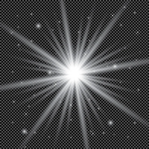 Wit gloeiend licht explosie met transparant. Vector illustratie voor koele effect decoratie met straal sprankelingen. Heldere ster. Transparante glans gradiënt glitter, heldere vlam. Glanzende textuur. — Stockvector