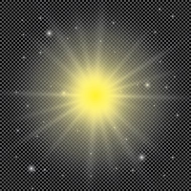 Şeffaf beyaz parlayan ışık patlaması. Işın parıltılarıyla serin efekt dekorasyonu için vektör illüstrasyonu. Parlak yıldız. Şeffaf parlak parlak parıltı, parlak alevler. Parlak desen.