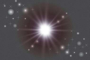 Altın parlayan kümesi üzerinde şeffaf arka plan izole etkileri ışıklar. Güneş ışınları ile flash ve spot. Parlama ışık efekti. Yıldız patlaması ile parıldıyor.