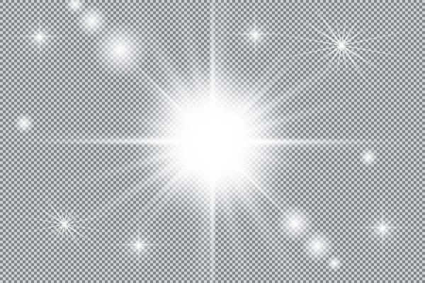 Altın parlayan kümesi üzerinde şeffaf arka plan izole etkileri ışıklar. Güneş ışınları ile flash ve spot. Parlama ışık efekti. Yıldız patlaması ile parıldıyor.