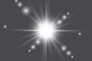 Altın parlayan kümesi üzerinde şeffaf arka plan izole etkileri ışıklar. Güneş ışınları ile flash ve spot. Parlama ışık efekti. Yıldız patlaması ile parıldıyor.