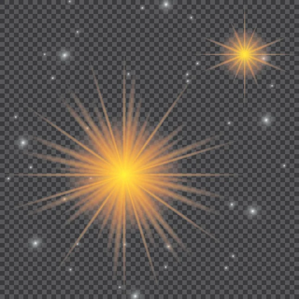 Set von goldenen leuchtenden Lichteffekten isoliert auf transparentem Hintergrund. Sonnenlicht mit Strahlen und Scheinwerfern. Glühlichteffekt. Stern platzt vor Funkeln. — Stockvektor