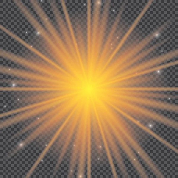 ชุดของเอฟเฟกต์แสงสีทองเรืองแสงที่แยกจากพื้นหลังที่โปร่งใส แสงแดดส่องด้วยรังสีและสปอตไลท์ ผลกระทบแสงเรืองแสง ดาวระเบิดด้วยแสงสว่าง . — ภาพเวกเตอร์สต็อก