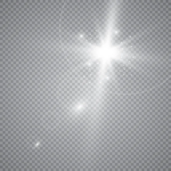 Σειρά από λαμπερά φώτα που απομονώνονται σε ένα διαφανές φόντο. Το flash αναβοσβήνει με ακτίνες και ένα προβολέα. Ελαφρύ αποτέλεσμα λάμψη. Το αστέρι έλαμψε με σπίθες. — Διανυσματικό Αρχείο