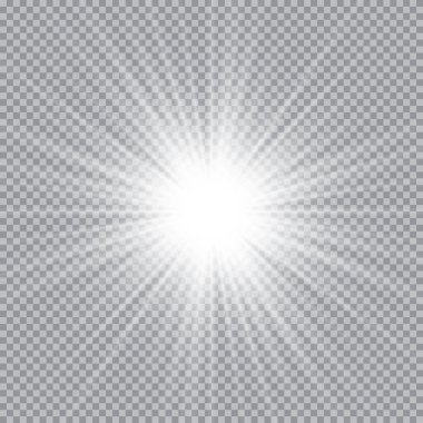 Şeffaf beyaz parlayan ışık patlaması. Işın parıltılarıyla serin efekt dekorasyonu için vektör illüstrasyonu. Parlak yıldız. Şeffaf parlak parlak parıltı, parlak alevler. Parlak desen.