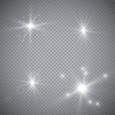 Şeffaf beyaz parlayan ışık patlaması. Işın parıltılarıyla serin efekt dekorasyonu için vektör illüstrasyonu. Parlak yıldız. Şeffaf parlak parlak parıltı, parlak alevler. Parlak desen.