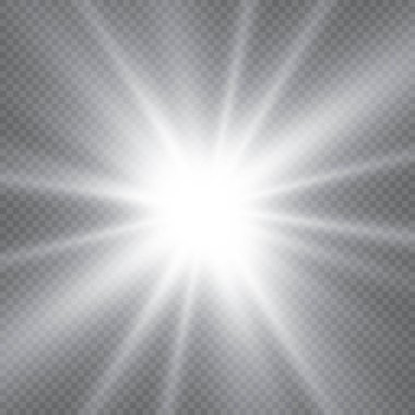 Şeffaf beyaz parlayan ışık patlaması. Işın parıltılarıyla serin efekt dekorasyonu için vektör illüstrasyonu. Parlak yıldız. Şeffaf parlak parlak parıltı, parlak alevler. Parlak desen.