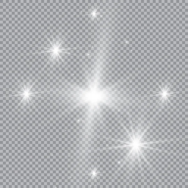 Wit gloeiend licht explosie met transparant. Vector illustratie voor koele effect decoratie met straal sprankelingen. Heldere ster. Transparante glans gradiënt glitter, heldere vlam. Glanzende textuur. — Stockvector