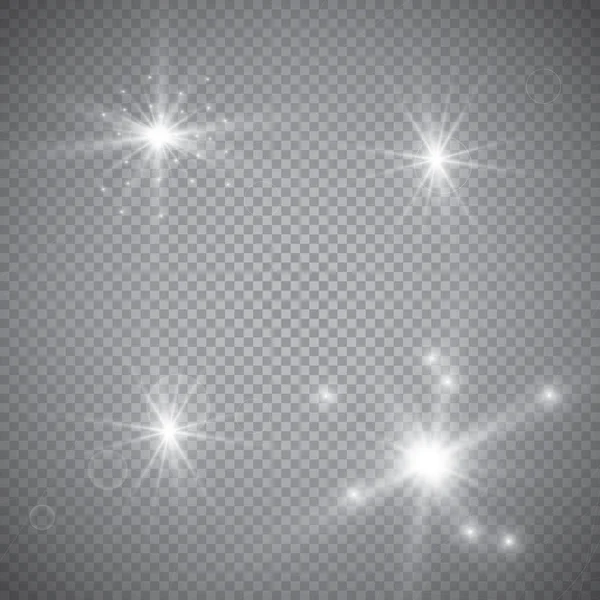 Wit gloeiend licht explosie met transparant. Vector illustratie voor koele effect decoratie met straal sprankelingen. Heldere ster. Transparante glans gradiënt glitter, heldere vlam. Glanzende textuur. — Stockvector