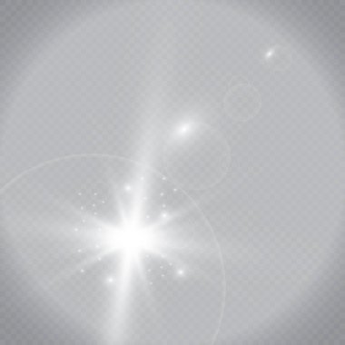 Şeffaf beyaz parlayan ışık patlaması. Işın parıltılarıyla serin efekt dekorasyonu için vektör illüstrasyonu. Parlak yıldız. Şeffaf parlak parlak parıltı, parlak alevler. Parlak desen.