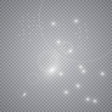 Şeffaf beyaz parlayan ışık patlaması. Işın parıltılarıyla serin efekt dekorasyonu için vektör illüstrasyonu. Parlak yıldız. Şeffaf parlak parlak parıltı, parlak alevler. Parlak desen.