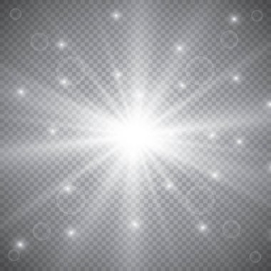 Şeffaf beyaz parlayan ışık patlaması. Işın parıltılarıyla serin efekt dekorasyonu için vektör illüstrasyonu. Parlak yıldız. Şeffaf parlak parlak parıltı, parlak alevler. Parlak desen.