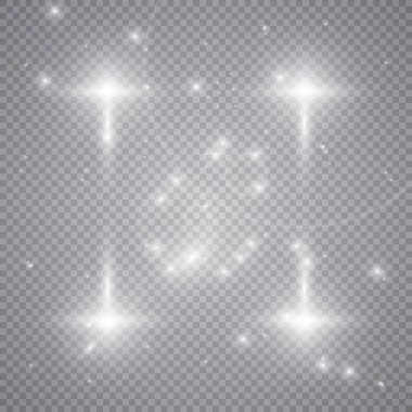Şeffaf beyaz parlayan ışık patlaması. Işın parıltılarıyla serin efekt dekorasyonu için vektör illüstrasyonu. Parlak yıldız. Şeffaf parlak parlak parıltı, parlak alevler. Parlak desen.