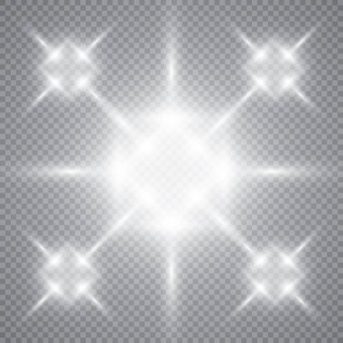 Şeffaf beyaz parlayan ışık patlaması. Işın parıltılarıyla serin efekt dekorasyonu için vektör illüstrasyonu. Parlak yıldız. Şeffaf parlak parlak parıltı, parlak alevler. Parlak desen.