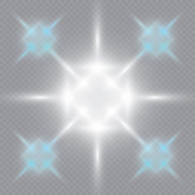 Şeffaf beyaz parlayan ışık patlaması. Işın parıltılarıyla serin efekt dekorasyonu için vektör illüstrasyonu. Parlak yıldız. Şeffaf parlak parlak parıltı, parlak alevler. Parlak desen.