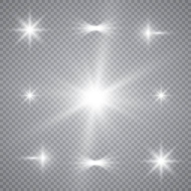 Şeffaf beyaz parlayan ışık patlaması. Işın parıltılarıyla serin efekt dekorasyonu için vektör illüstrasyonu. Parlak yıldız. Şeffaf parlak parlak parıltı, parlak alevler. Parlak desen.